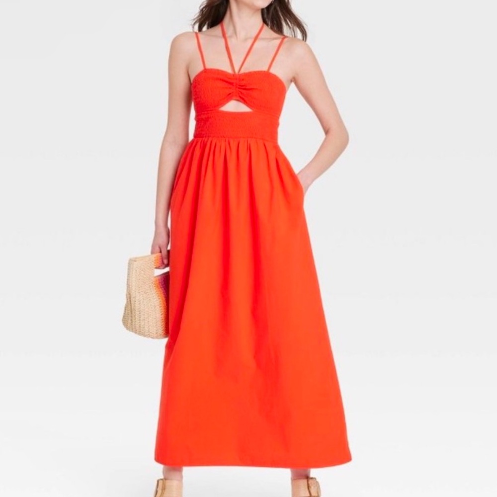 Red Orange Smocked Cut Out Maxi Dress